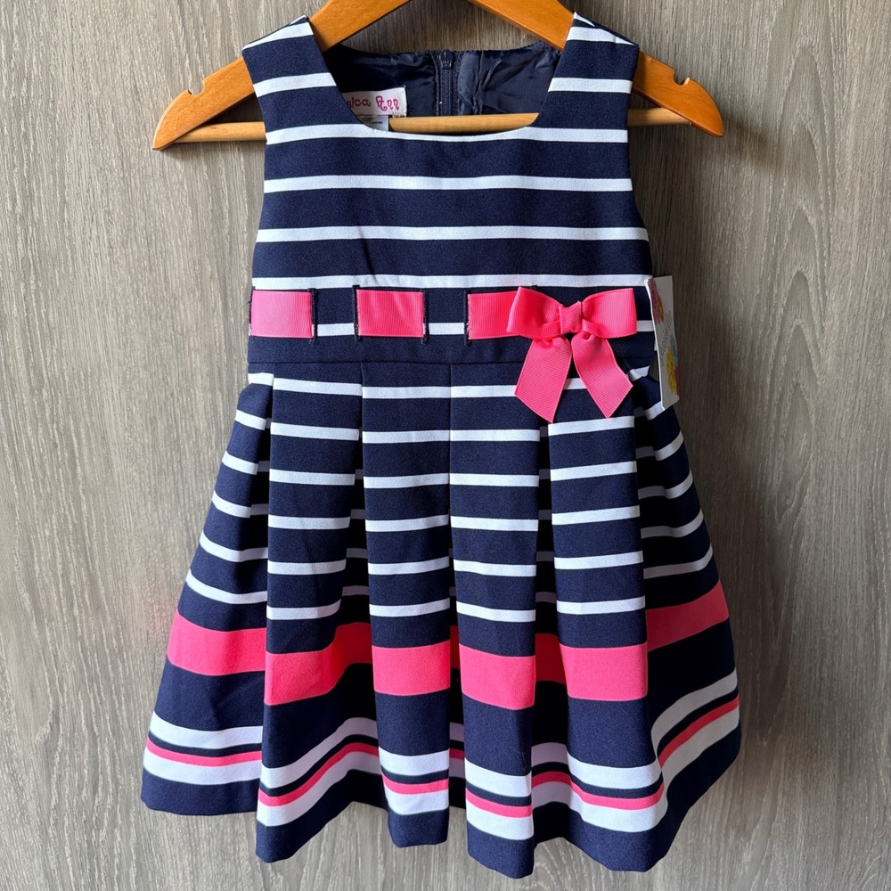 Jessica Ann Dress Set Girls 12M Navy Pink Stripe Nautical Preppy Party‎ Bow NWT